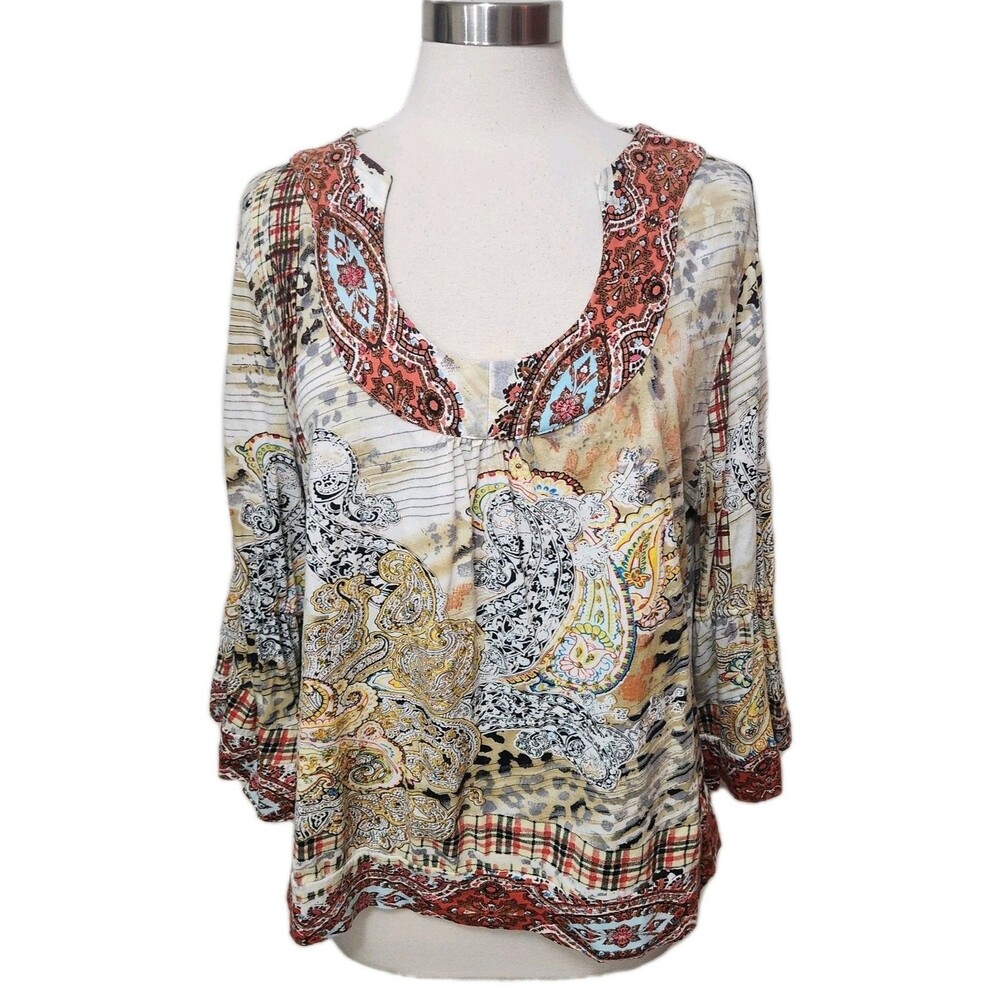 Raakhee Womens Knit Top size 1X Paisley Sequins Bell Sleeve Pullover Scoop Neck